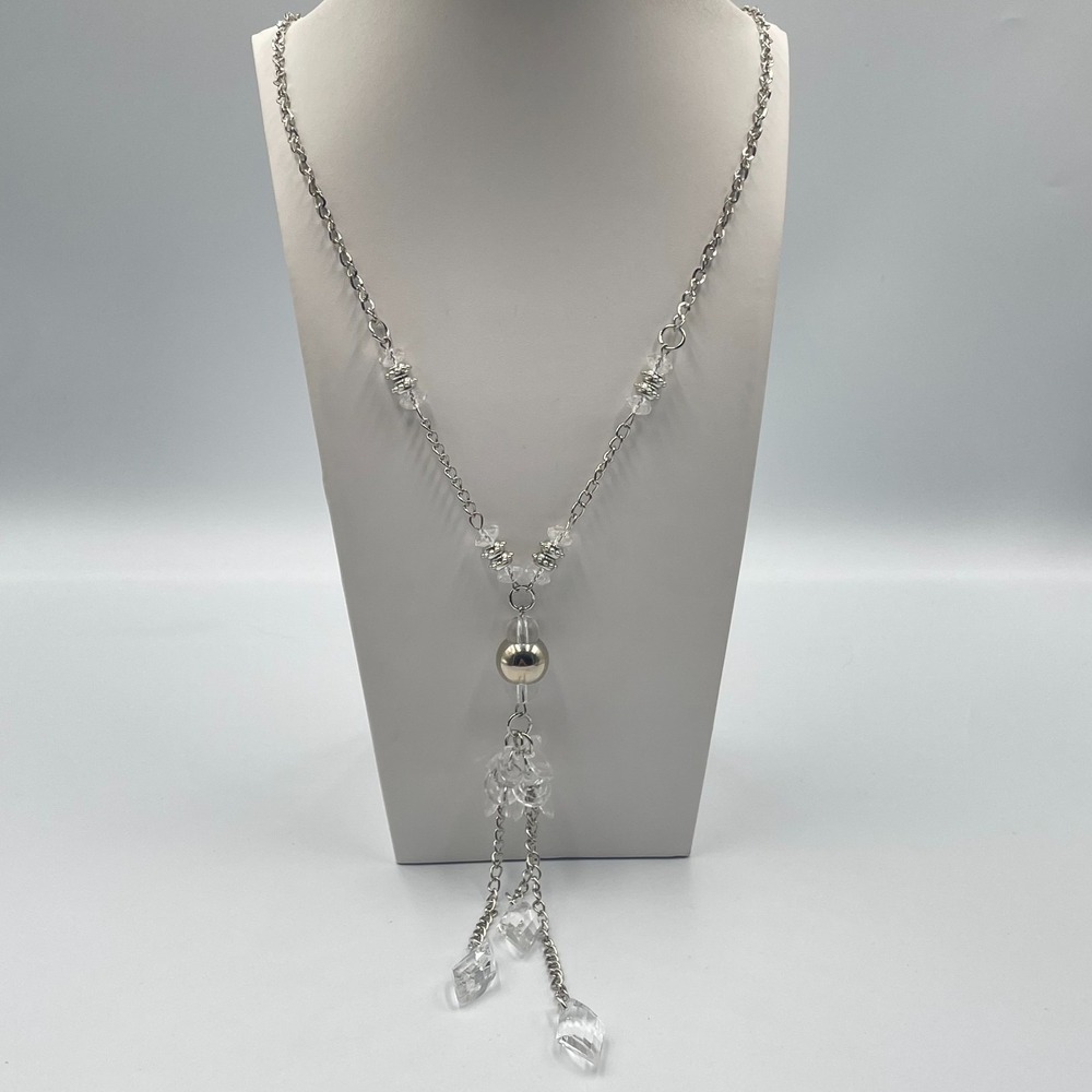 Vintage Silver Tone Crystal Tassel Drop Pendant Necklace Clear Acrylic Beaded